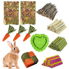 GREMBEB Rabbit Toys 60pcs Bunny Toy Guinea Pig Treats Timothy Hay Chew Toys Chips with Herbal Flowers Hamster Snacks Chinchillas Gerbils for Teeth Apple Sticks Sweet Bamboo