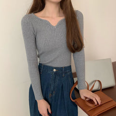 Korean V-Neck Slim Knit Sweater for Women
