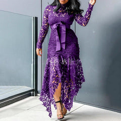 Long-sleeved Stand-up Collar Irregular Tie Dress