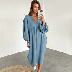 Autumn Long Sleeve Sleep Dress with V-Neck for Women