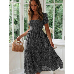 Women's Floral Dress with Square Neck and Bubble Sleeves