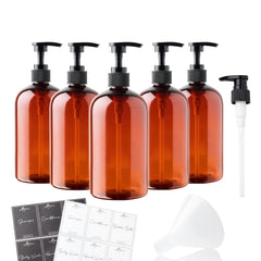 Alora 5-in-1 Apothecary Bottles for Home & Commercial Use - 16oz Elegant 8.5x3in Refillable Amber Shampoo Storage Handwash Massage Oils - Includes 24 Waterproof Labels Bonus 2CC Pump & Funnel