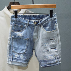 Men's Light Denim Shorts with Patchwork and Holes