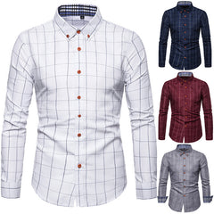 Men's Long Sleeve Plaid Shirt with Square Collar