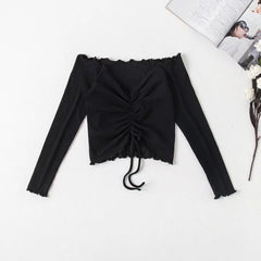 Long Sleeve Crop Top with Ruching and Off-Shoulder Design