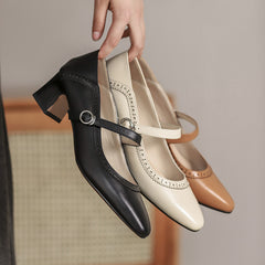 Vintage Floral Leather Mary Jane Heels with Block Heel