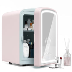 COYCYQI Mini Fridge for Skin Care 4 Liter Portable Small Fridge with Dimmable LED Mirror Hot or Cold Personal Beauty Refrigerator for Bedroom Office Car Makeup(Pink)