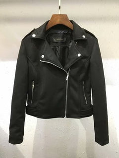 Suede Lapel Long Sleeve Zipper Detail Leather Jacket