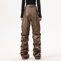 Loose Fit Pleather Pants with Ruffles for Streetwear