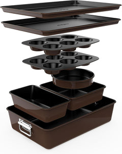 NutriChef 8-Piece Nonstick Stackable Bakeware Set - PFOA PFOS PTFE Free Baking Tray Set w/Non-Stick Coating 450°F Oven Safe Round Cake Loaf Muffin Wide/Square Pans Cookie Sheet (Brown)
