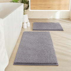 HOMEIDEAS 2 Pieces Bathroom Rugs Non Slip Absorbent Chenille Toilet Bath Mat Set (Grey)