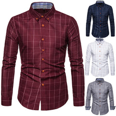 Men's Long Sleeve Plaid Shirt with Square Collar