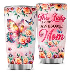 JENOIS Lady Mom Butterfly Mothers Funny Coffee Floral Day Flower Handle Tumblers Mama Cups Mother For Women Insulated Tumbler 20 Oz With Lid And Straw Mom Gifts