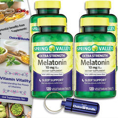 Spring Valley Extra Strength Melatonin Tablets with Lemon Balm Dietary Supplement for Sleep Support 10 mg 120 Ct 4 pk Choice Bundle (480 Total) + Vitamin Guide & Pill Container (6 Items)!