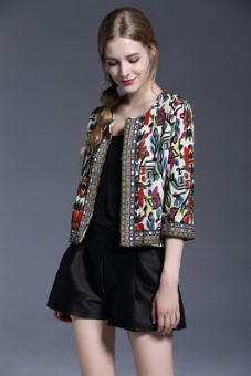 Embroidered Ethnic Style 3/4 Sleeve Jacket with Lining