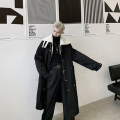 Stylish Long Cotton Coat with Lamb Wool Layered Collar