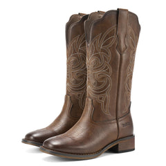 Rollda Cowgirl Boots Cowboy Boots for Women Square Toe Mid Calf Western Boots Ladies Fashion Boots with Chunky Heel Bronze Size 10