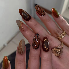 BABALAL Fall Press on Nails Almond Medium Fake Nails Brown Glue on Nails Butterfly Design Acrylic Nails 3d Gold Texture Manicure False nails 24Pcs Stiletto Handmade Stick on Nails