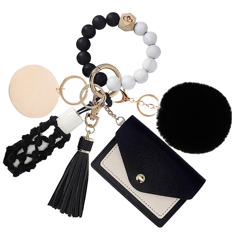 Aolibao Wristlet Keychain Bracelet With Wallet Silicone Beaded Key Rings Bangle for Car Keys Card Holder Keychain with DIY Wood Tag (BLACK)