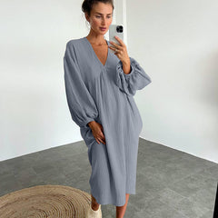 Autumn Long Sleeve Sleep Dress with V-Neck for Women