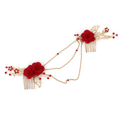 O388 Ethnic Red Bridal Headpiece with Fabric Flowers