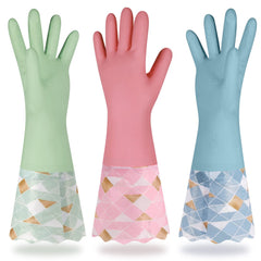 Yiomxhi Household Cleaning Gloves 3 Pairs Reusable Dishwashing Gloves Latex Free Non-Slip Kitchen Gloves with Cotton Lined Waterproof Dish Washing Gloves