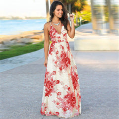 V-neck Floral Flowing Drawstring Long Skirt
