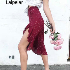 Boho High Waist Ruffle Midi Skirt with Floral Print