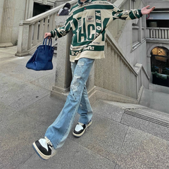Men's Ripped Straight Loose-Fitting Patchwork Jeans