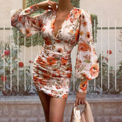 Printed Deep V Pleated A-line Dress for Women