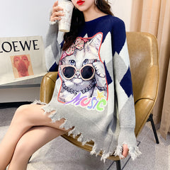 Autumn Cat Sequin Knit Sweater - Loose Fit, Casual