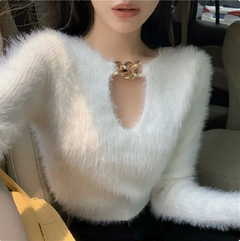 Black Short Knit Sweater with Chain Detail for Women