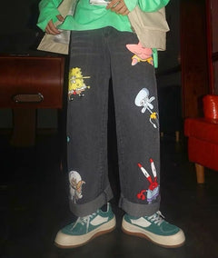 SpongeBob SquarePants Cartoon Style Loose Hip-Hop Jeans