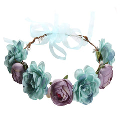 Flower Crown Headband Rose Wreath Garland Hair Bands Floral Wedding Bridal Hair Hoop Women Ladies Leaf Ribbon Party Decoration Headdress Headwear Christmas Handmade Headpiece Hair Accessories Blue
