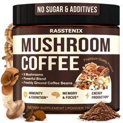 Rasstenix Mushroom Coffee Organic - 9 Mushroom Adaptogen Mix - Lions Mane Chaga Turkey Tail Reishi Shiitake - Instant Mushrooms Coffee for Gut Health Energy Mental Clarity - 60 Servings