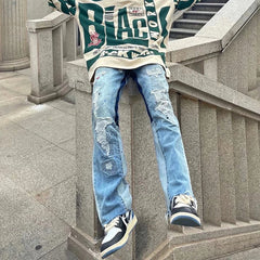 Men's Ripped Straight Loose-Fitting Patchwork Jeans