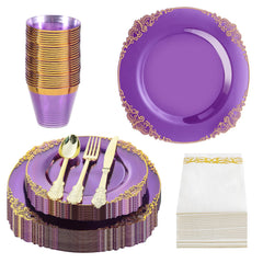 175 PCS Clear Purple and Gold Plastic Dinnerware Set for 25 GuestsDisposable Elegant Plates with Gold Rim25 Dinner Plates25 Dessert Plates75 Silverware25 Cups25 Napkins for WeddingsParty