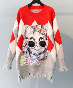 Autumn Cat Sequin Knit Sweater - Loose Fit, Casual