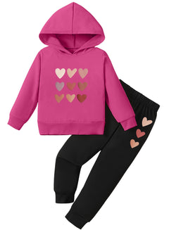 BOMDEALS Cute Toddler Girls Sweatsuit - Valentines Heart Print Kids Fall Clothes Set Hoodie Sweatshirt Pants Winter Outfits (Rose11012034b)
