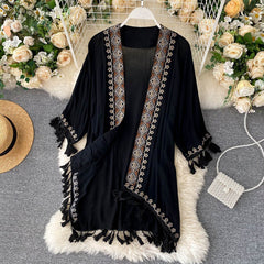 Bohemian Vintage Embroidered Cardigan with Fringe