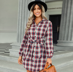 Women's Fashion Plaid Drawstring Waist Dress
