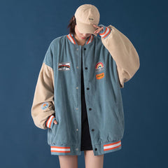 Men's Loose Color-block Corduroy Baseball Jacket