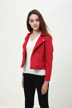 Suede Lapel Long Sleeve Zipper Detail Leather Jacket