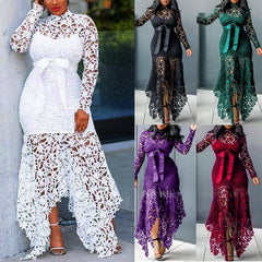 Long-sleeved Stand-up Collar Irregular Tie Dress
