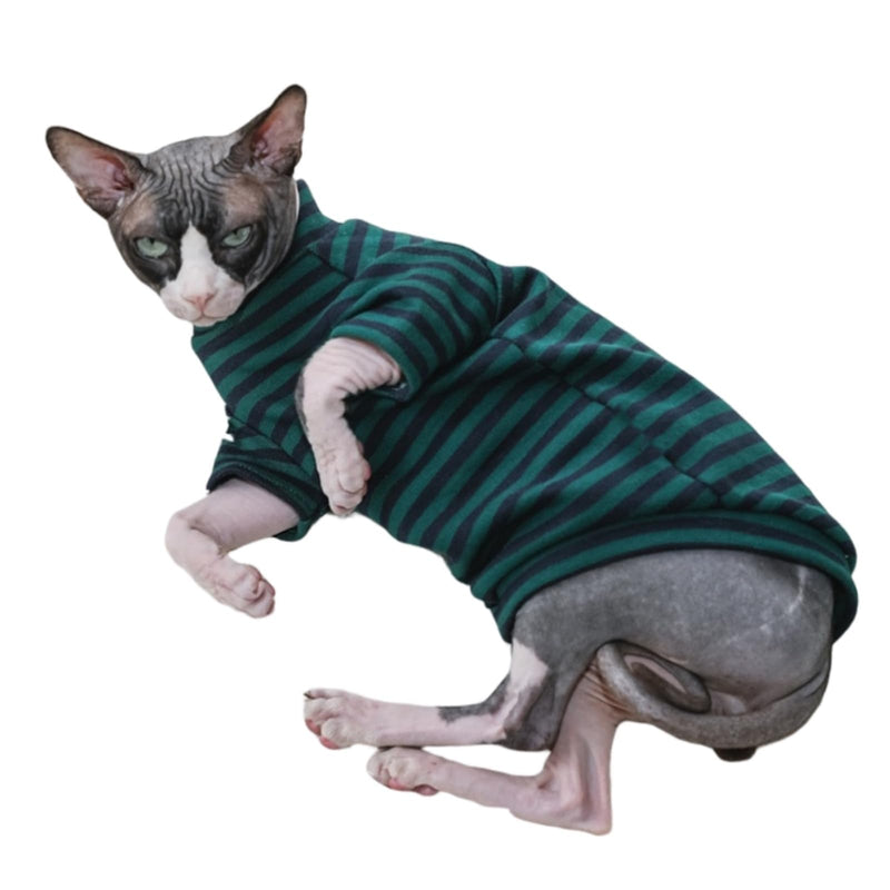 Vintage Mulan Cotton Sphynx Hairless Cats Shirt Cat Turtleneck Pet Clothes Kitten T-Shirts with Sleeves for Sphynx Cornish Rex Devon Rex Peterbald (Small Stripe)