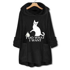 Long Sleeve Cat Print Hoodie with Irregular Hem