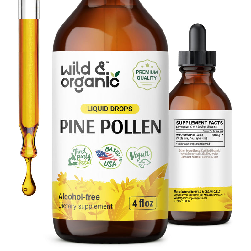 Wild & Organic Pine Pollen Tincture - Pine Pollen Powder Liquid Drops for Men & Women - Vegan Alcohol Free Pine Pollen Supplement - 4 fl oz