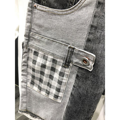 Summer Gray Denim Patchwork Plaid Hip-Hop Shorts