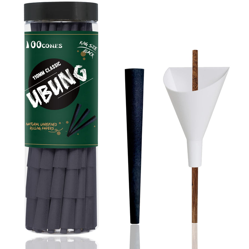 UBUNG Black Cones 100 Pcs King Size Black Pre Rolled Cones with Tips 108mm Slow Type Black Rolling Papers Including 1 Cone Loader And 1 Push Rod