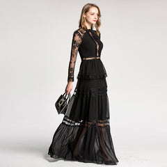 Elegant Lace Sheer Long Dress with Court Style